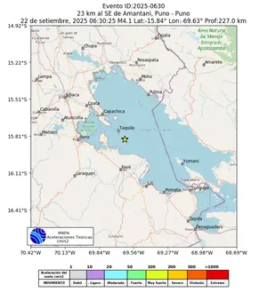 Mapa de aceleración teórica del sismo de magnitud 4.1 a 23 km al SE de Amantani, Puno - Puno, Perú