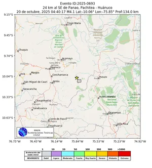 Mapa de aceleración teórica del sismo de magnitud 4.1 a 24 km al SE de Panao, Pachitea - Huánuco, Perú