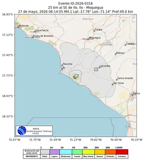 Mapa de aceleración teórica del sismo de magnitud 4.1 a 25 km al SE de Ilo, Ilo - Moquegua, Perú
