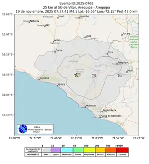 Mapa de aceleración teórica del sismo de magnitud 4.1 a 25 km al SO de Vitor, Arequipa - Arequipa, Perú