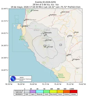Mapa de aceleración teórica del sismo de magnitud 4.1 a 28 km al S de Ica, Ica - Ica, Perú