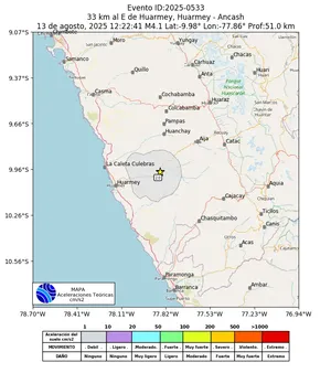 Mapa de aceleración teórica del sismo de magnitud 4.1 a 33 km al E de Huarmey, Huarmey - Ancash, Perú