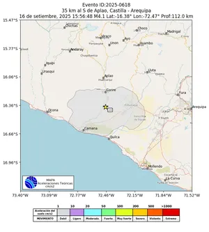 Mapa de aceleración teórica del sismo de magnitud 4.1 a 35 km al S de Aplao, Castilla - Arequipa, Perú