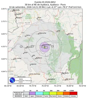 Mapa de aceleración teórica del sismo de magnitud 4.1 a 38 km al NE de Ayabaca, Ayabaca - Piura, Perú