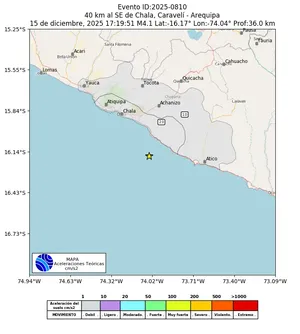 Mapa de aceleración teórica del sismo de magnitud 4.1 a 40 km al SE de Chala, Caravelí - Arequipa, Perú