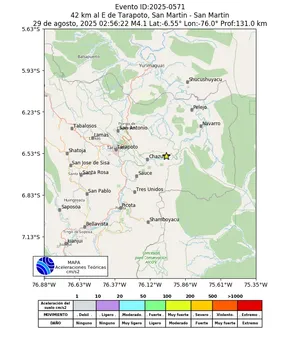 Mapa de aceleración teórica del sismo de magnitud 4.1 a 42 km al E de Tarapoto, San Martin - San Martin, Perú