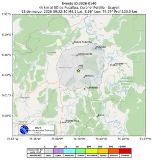Mapa de aceleración teórica del sismo de magnitud 4.1 a 44 km al SO de Pucallpa, Coronel Portillo - Ucayali, Perú