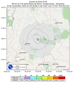 Mapa de aceleración teórica del sismo de magnitud 4.1 a 48 km al S de Santa María de Nieva, Condorcanqui - Amazonas, Perú