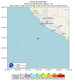 Mapa de aceleración teórica del sismo de magnitud 4.1 a 49 km al S de Marcona, Nasca - Ica, Perú