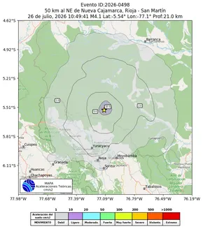 Mapa de aceleración teórica del sismo de magnitud 4.1 a 50 km al NE de Nueva Cajamarca, Rioja - San Martín, Perú
