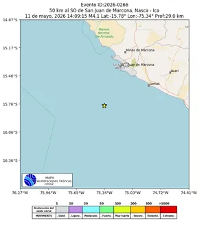 Mapa de aceleración teórica del sismo de magnitud 4.1 a 50 km al SO de San Juan de Marcona, Nasca - Ica, Perú