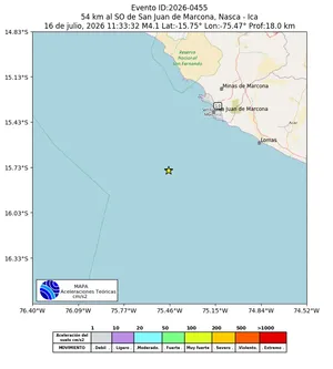 Mapa de aceleración teórica del sismo de magnitud 4.1 a 54 km al SO de San Juan de Marcona, Nasca - Ica, Perú