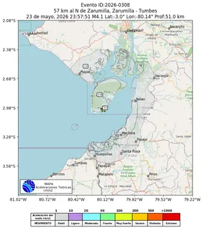 Mapa de aceleración teórica del sismo de magnitud 4.1 a 57 km al N de Zarumilla, Zarumilla - Tumbes, Perú