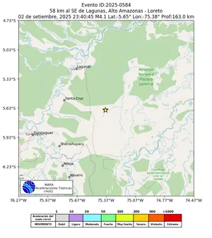Mapa de aceleración teórica del sismo de magnitud 4.1 a 58 km al SE de Lagunas, Alto Amazonas - Loreto, Perú