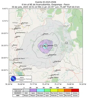 Mapa de aceleración teórica del sismo de magnitud 4.1 a 6 km al NE de Huancabamba, Oxapampa - Pasco, Perú