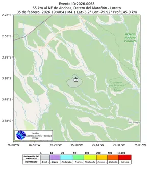 Mapa de aceleración teórica del sismo de magnitud 4.1 a 65 km al NE de Andoas, Datem del Marañón - Loreto, Perú
