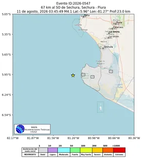 Mapa de aceleración teórica del sismo de magnitud 4.1 a 67 km al SO de Sechura, Sechura - Piura, Perú