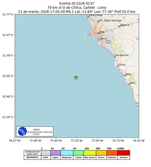 Mapa de aceleración teórica del sismo de magnitud 4.1 a 70 km al O de Chilca, Cañete - Lima, Perú