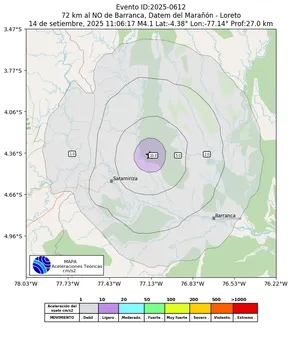 Mapa de aceleración teórica del sismo de magnitud 4.1 a 72 km al NO de Barranca, Datem del Marañón - Loreto, Perú