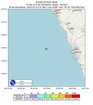 Mapa de aceleración teórica del sismo de magnitud 4.1 a 73 km al O de Chimbote, Santa - Áncash, Perú