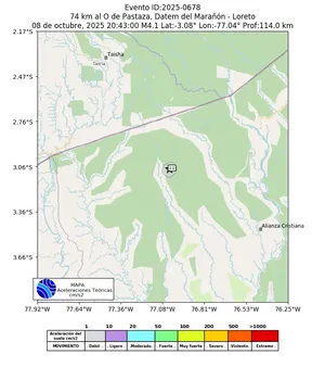 Mapa de aceleración teórica del sismo de magnitud 4.1 a 74 km al O de Pastaza, Datem del Marañón - Loreto, Perú