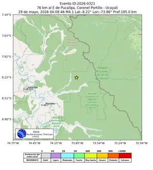 Mapa de aceleración teórica del sismo de magnitud 4.1 a 76 km al E de Pucallpa, Coronel Portillo - Ucayali, Perú
