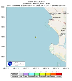 Mapa de aceleración teórica del sismo de magnitud 4.1 a 76 km al SO de Paita, Paita - Piura, Perú