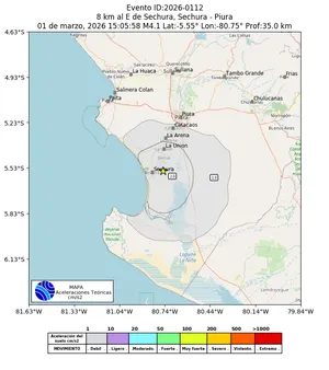 Mapa de aceleración teórica del sismo de magnitud 4.1 a 8 km al E de Sechura, Sechura - Piura, Perú