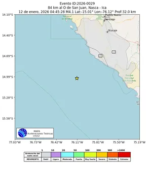 Mapa de aceleración teórica del sismo de magnitud 4.1 a 84 km al O de San Juan, Nasca - Ica, Perú