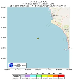 Mapa de aceleración teórica del sismo de magnitud 4.1 a 87 km al SO de Huacho, Huaura - Lima, Perú
