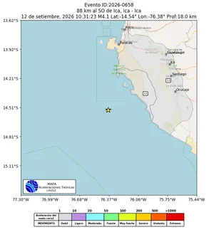 Mapa de aceleración teórica del sismo de magnitud 4.1 a 88 km al SO de Ica, Ica - Ica, Perú