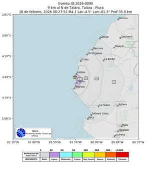 Mapa de aceleración teórica del sismo de magnitud 4.1 a 9 km al N de Talara, Talara - Piura, Perú