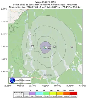 Mapa de aceleración teórica del sismo de magnitud 4.1 a 94 km al NE de Santa María de Nieva, Condorcanqui - Amazonas, Perú