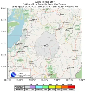 Mapa de aceleración teórica del sismo de magnitud 4.2 a 109 km al E de Zarumilla, Zarumilla - Tumbes, Perú