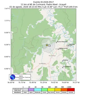 Mapa de aceleración teórica del sismo de magnitud 4.2 a 11 km al NE de Curimaná, Padre Abad - Ucayali, Perú