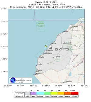 Mapa de aceleración teórica del sismo de magnitud 4.2 a 12 km al N de Mancora, Talara - Piura, Perú