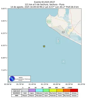 Mapa de aceleración teórica del sismo de magnitud 4.2 a 121 km al S de Sechura, Sechura - Piura, Perú