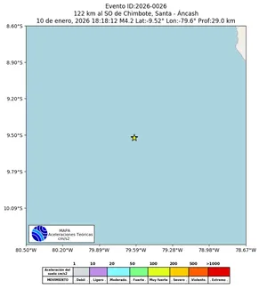Mapa de aceleración teórica del sismo de magnitud 4.2 a 122 km al SO de Chimbote, Santa - Áncash, Perú