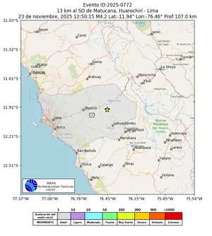 Mapa de aceleración teórica del sismo de magnitud 4.2 a 13 km al SO de Matucana, Huarochirí - Lima, Perú