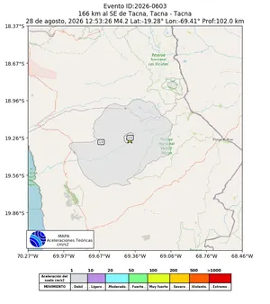 Mapa de aceleración teórica del sismo de magnitud 4.2 a 166 km al SE de Tacna, Tacna - Tacna, Perú