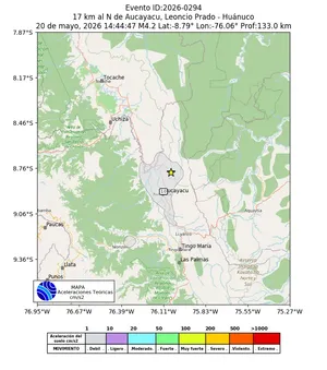 Mapa de aceleración teórica del sismo de magnitud 4.2 a 17 km al N de Aucayacu, Leoncio Prado - Huánuco, Perú