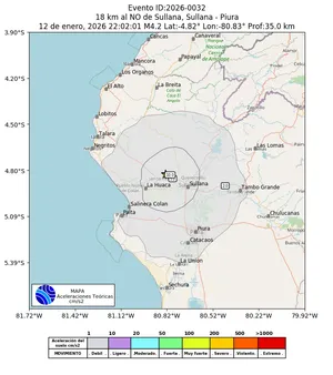 Mapa de aceleración teórica del sismo de magnitud 4.2 a 18 km al NO de Sullana, Sullana - Piura, Perú