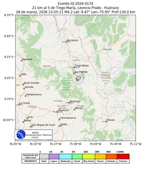 Mapa de aceleración teórica del sismo de magnitud 4.2 a 21 km al S de Tingo María, Leoncio Prado - Huánuco, Perú