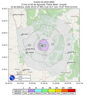 Mapa de aceleración teórica del sismo de magnitud 4.2 a 21 km al SO de Aguaytía, Padre Abad - Ucayali, Perú