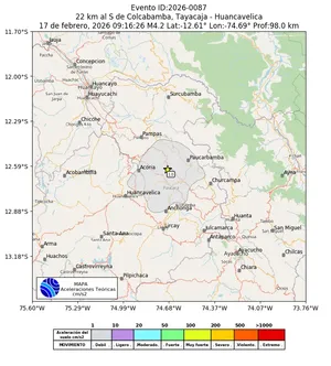 Mapa de aceleración teórica del sismo de magnitud 4.2 a 22 km al S de Colcabamba, Tayacaja - Huancavelica, Perú
