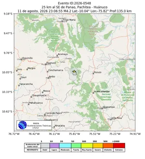 Mapa de aceleración teórica del sismo de magnitud 4.2 a 25 km al SE de Panao, Pachitea - Huánuco, Perú