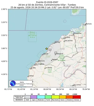 Mapa de aceleración teórica del sismo de magnitud 4.2 a 26 km al SO de Zorritos, Contralmirante Villar - Tumbes, Perú