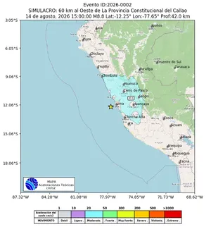 Mapa de aceleración teórica del sismo de magnitud 4.2 a 27 km al O de Chilca, Cañete - Lima, Perú