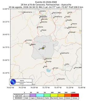 Mapa de aceleración teórica del sismo de magnitud 4.2 a 28 km al N de Coracora, Parinacochas - Ayacucho, Perú