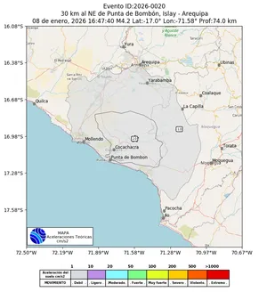 Mapa de aceleración teórica del sismo de magnitud 4.2 a 30 km al NE de Punta de Bombón, Islay - Arequipa, Perú